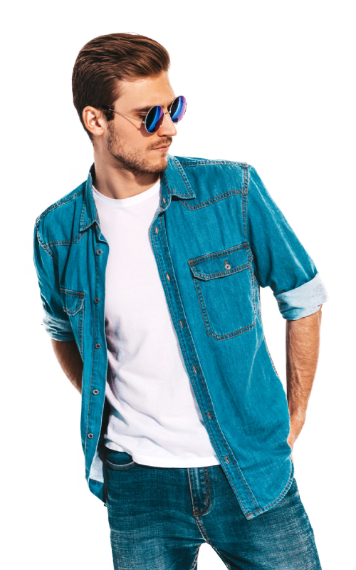 Handsome smiling stylish young man model wearing jeans clothes sunglasses fashion man